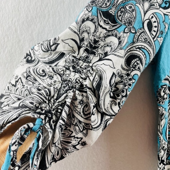 JM Collection Women's Linen Tunic Turqouise Paisley 3/4 Ruched Sleeve 2X - Picture 3 of 9